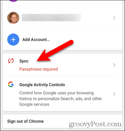 Tap Sync Passphrase required in Chrome on iOS