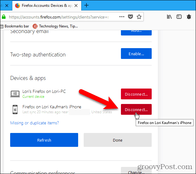 Disconnect a device using Firefox for Windows