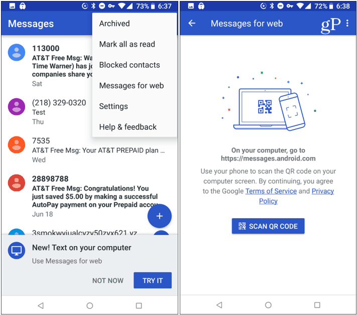 Android Messages App Scan QR Code