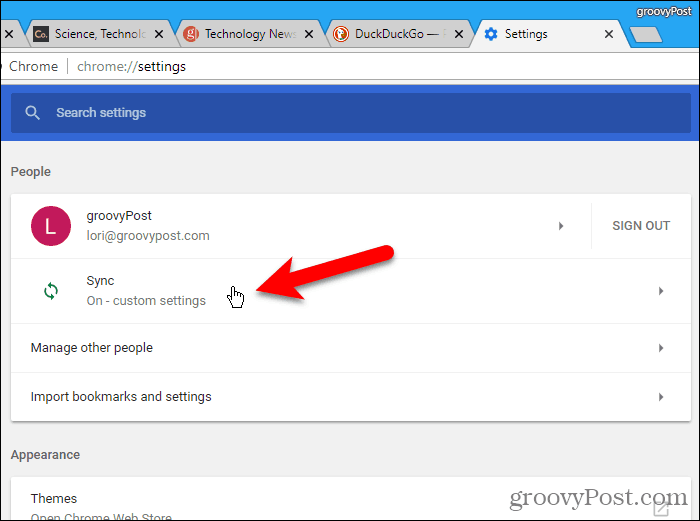 Click Sync on the Chrome Settings screen in Windows