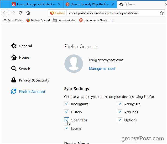 Check Open tabs under Sync Settings in Firefox for Windows