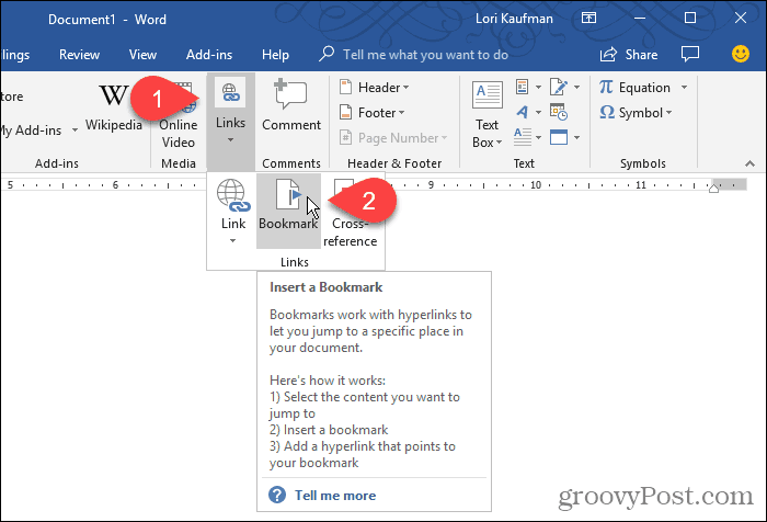 Click Bookmark in Word