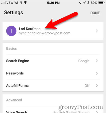 Tap account name in Chrome for iOS