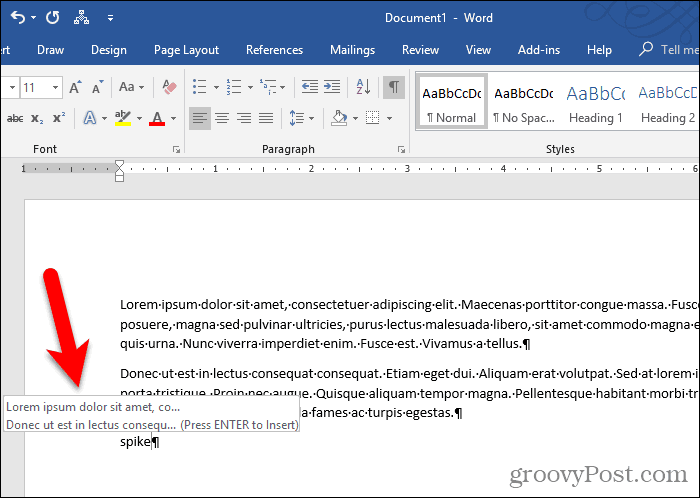 Text pasted into document and still in Spike