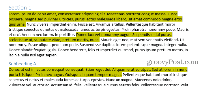 Highlighted text selected in Word