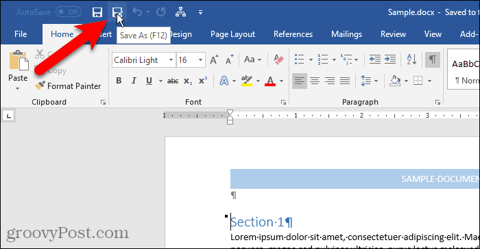 Save As on the Quick Access Toolbar