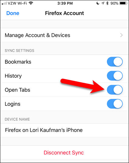 Enable Open Tabs in Firefox for iOS