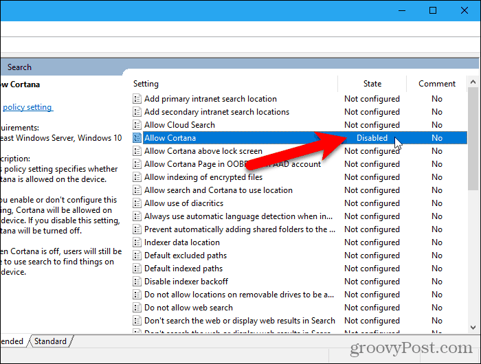 The AllowCortana setting disabled in the Local Group Policy Editor