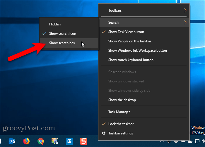 Show search box Taskbar setting in Windows 10