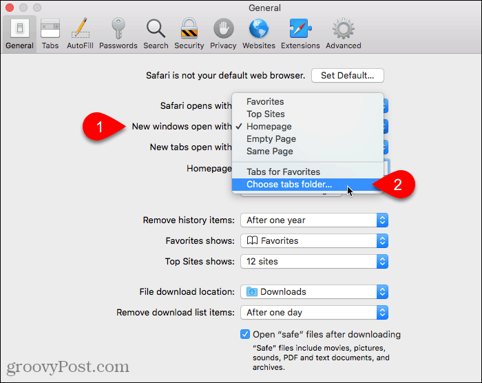 Select Choose tabs folder for New windows open with setting in Safari on Mac
