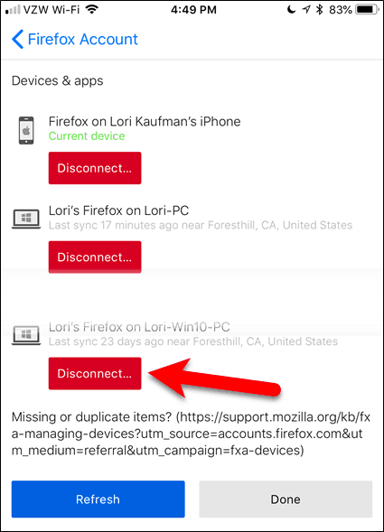 Disconnect a device in Firefox for iOS