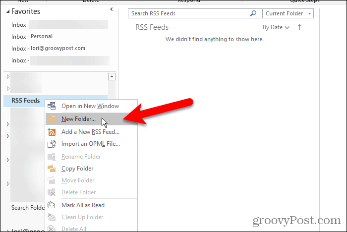 Select New Folder on RSS Feeds folder in Outlook