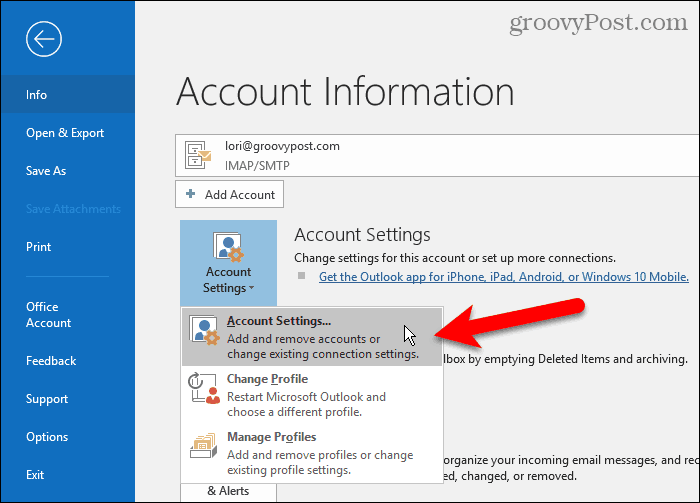 Select Account Settings in Outlook
