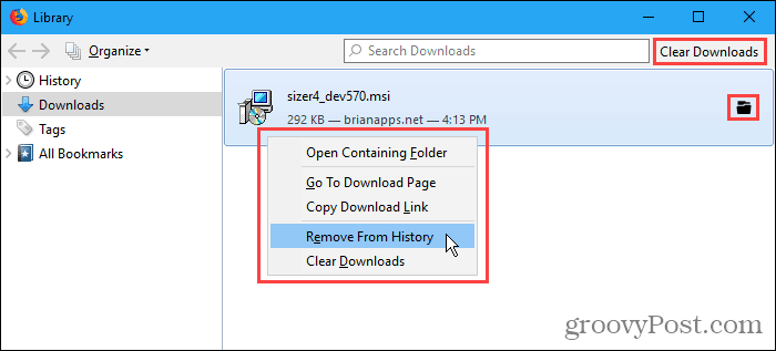 Downloads on Library dialog box in Firefox