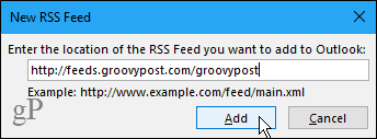 New RSS Feed dialog box in Outlook