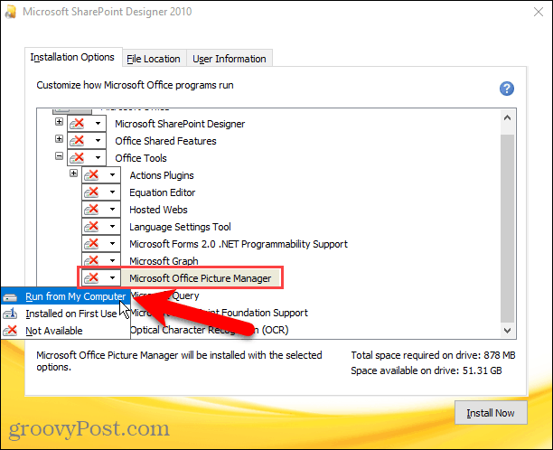 Enable Run from My Computer for Microsoft Office Picture Manager in the Sharepoint Designer installation