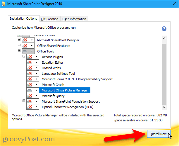Click Install Now to install the Microsoft Office Picture Manager from Sharepoint Designer 2010