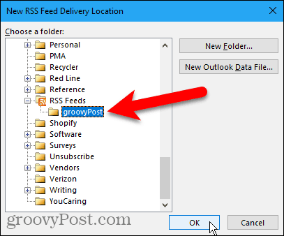 Select the RSS Feeds folder in Outlook