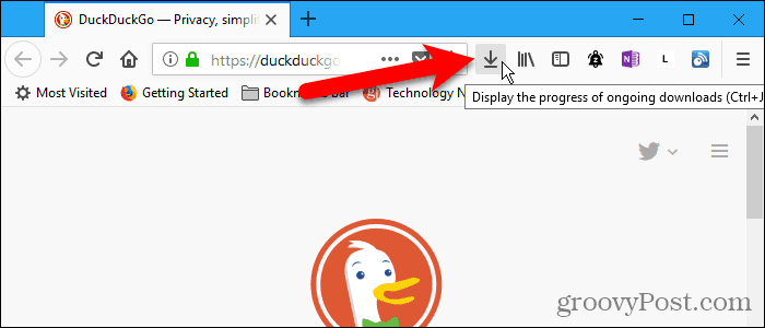 Downloads button on toolbar in Firefox