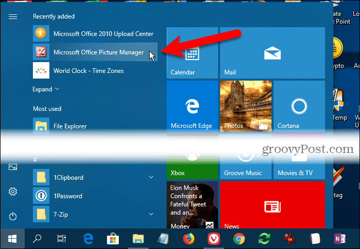 The Microsoft Office Picture Manager under Recently added on the Windows 10 Start menu