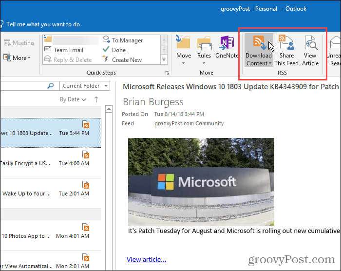 RSS section on the Home tab in Outlook
