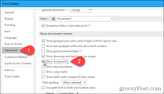 Uncheck Show bookmarks in Word