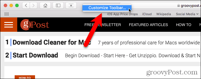 Select Customize Toolbar in Safari for Mac