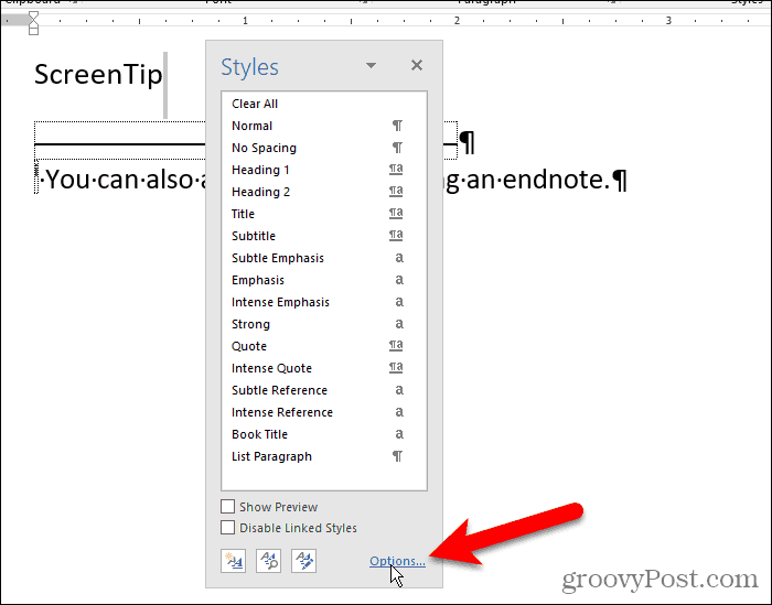 Click Options on the Styles pane in Word