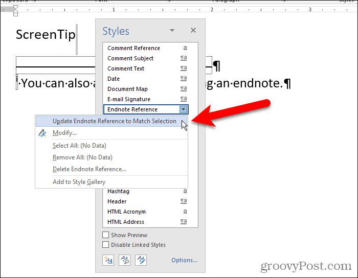Select Update Endnote Reference to Match Selection in Word
