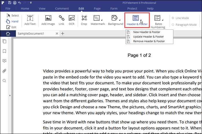 Add a header and a footer to a PDF file in PDFelement 6