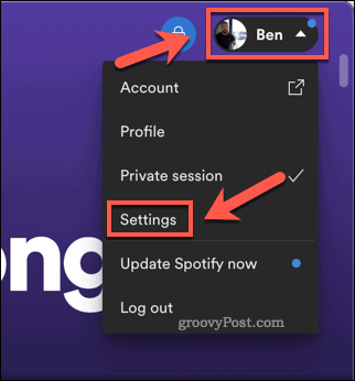 Opening the Spotify settings menu in the Mac app.