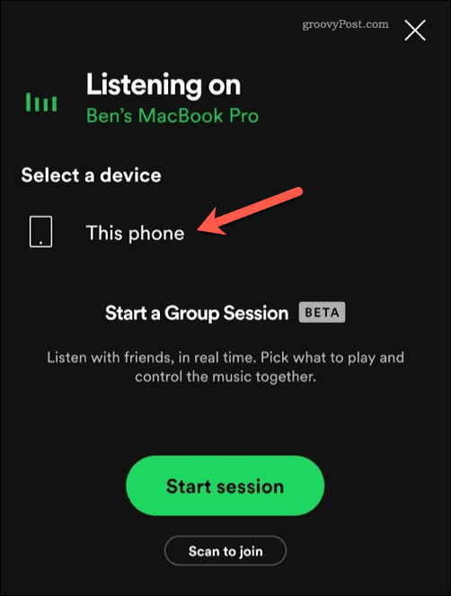 Selecting a playback device for Spotify on mobile.