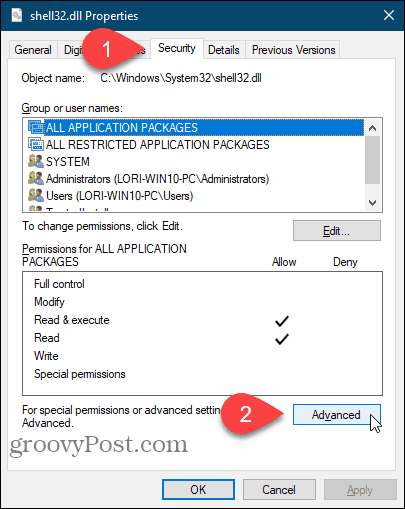 Click Advanced on the Properties dialog box in the Windows Registry Editor