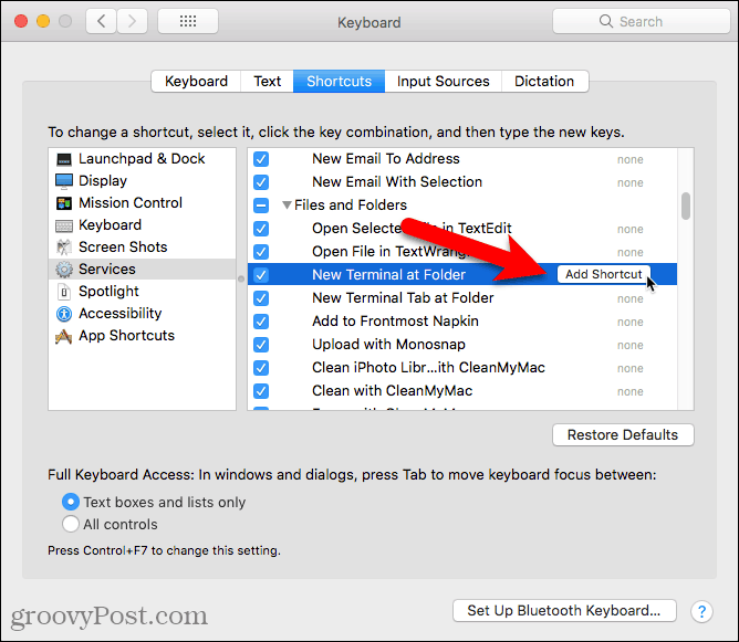 Click Add Shortcut for the New Terminal at Folder service on a Mac