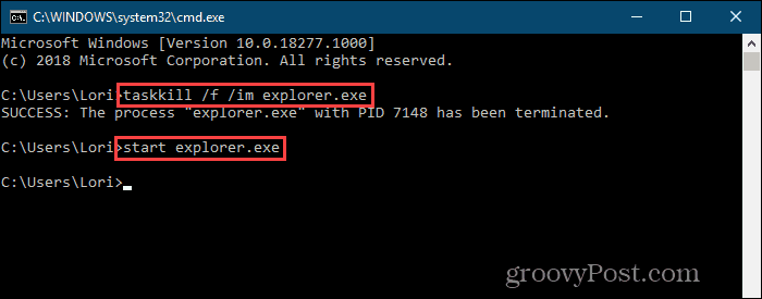 Kill the explorer.exe process and restart it on the command line in Windows 10