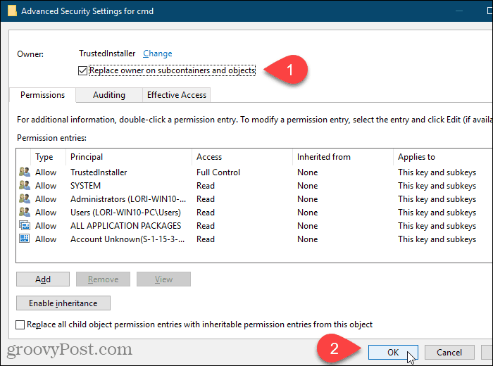 Check the Replace owner on subcontainers and objects box on the Advanced Security Settings dialog box in the Windows Registry Editor