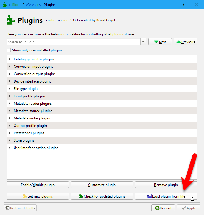 Click Load plugin from file on the Plugins dialog box in Calibre
