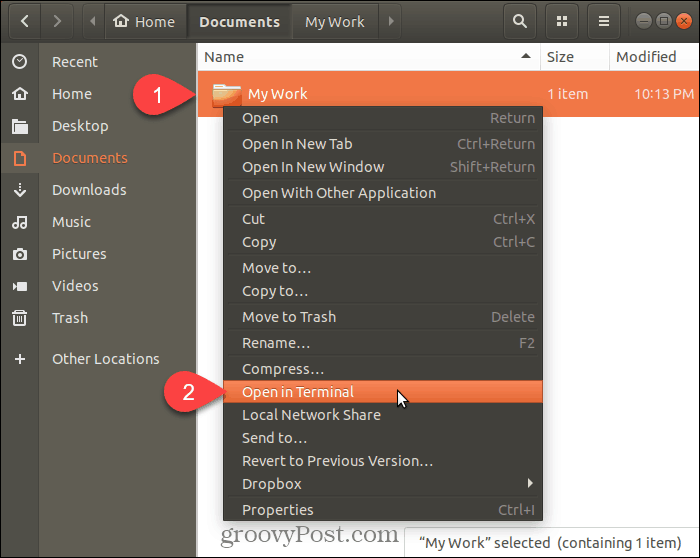 Select Open in Terminal in Ubuntu Linux
