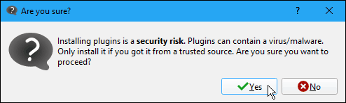 Warning dialog box about adding plugins in Calibre