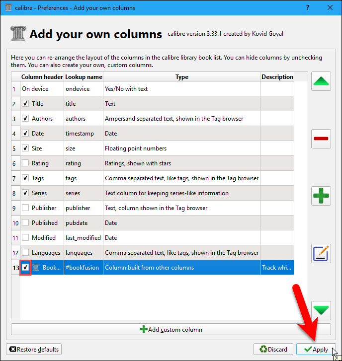 Click Apply on the Add your own columns dialog box in Calibre