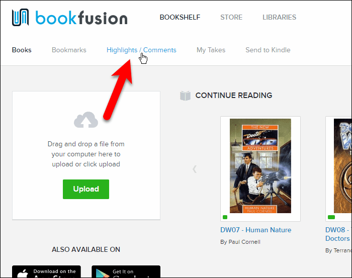 Click Highlights / Comments in the BookFusion web interface