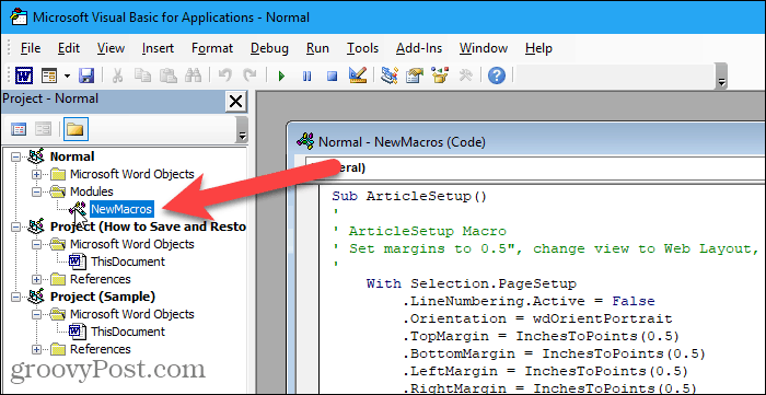 Double-click on a module in the VBA editor in Word