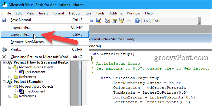 Go to File > Export File in VBA editor in Word