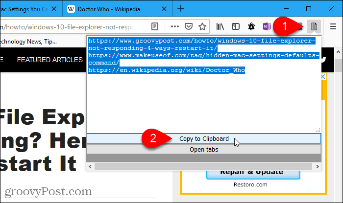 The tabs2txt add-on in Firefox