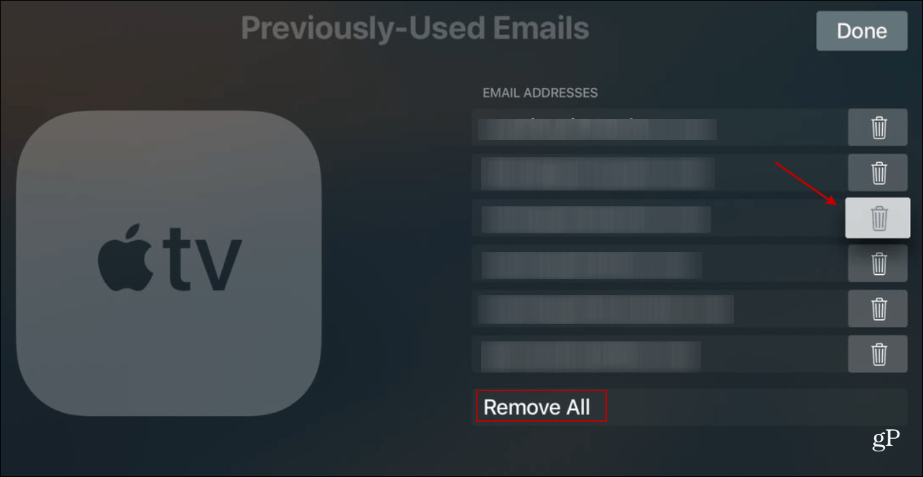 Delete Previously Used Emails Apple TV