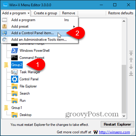 Select Add a Control Panel item in Win+X Menu Editor