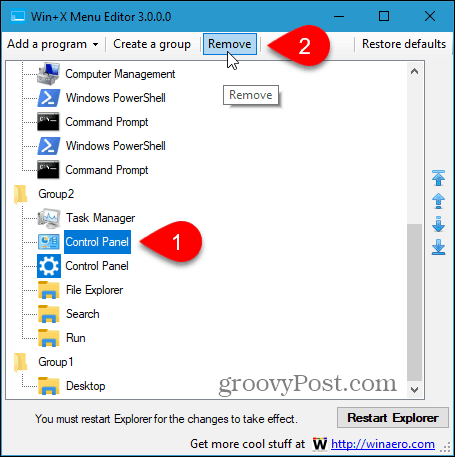 Remove Control Panel from the Win+X menu in Win+X Menu Editor