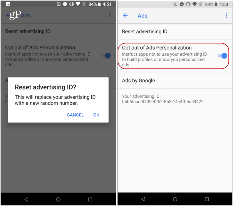 reset advertising ID Android