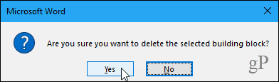 Confirmation dialog box for deleting an AutoText entry