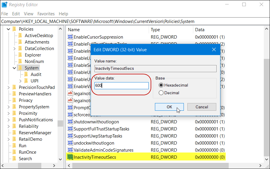 InactivityTimeoutSecs Registry Windows 10 Home version